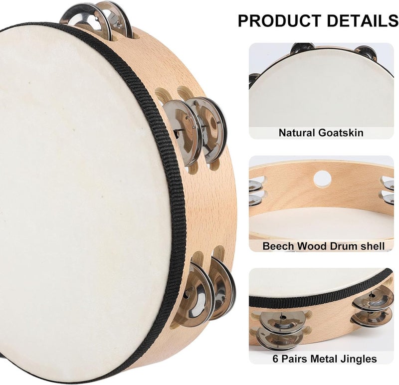 BGMUSER 8 Inch Goatskin Tambourine With Beech Drumshell 6 Pairs of Metal Jingles Hand Held Drum for Adults Dance Church Games KTV Party - Image 2